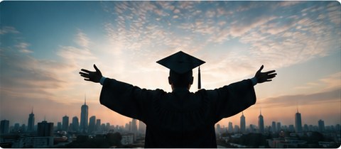 Graduate looking out over a city skyline